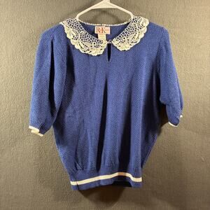 vtg women top medium blue lace coquette fairy dainty feminine victorian academia